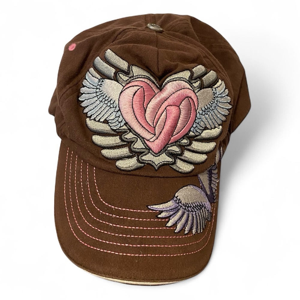Y2K 2000s Jolly Roger Back Women’s Hat Dove Angel Wings Heart Cap Rhinestones
